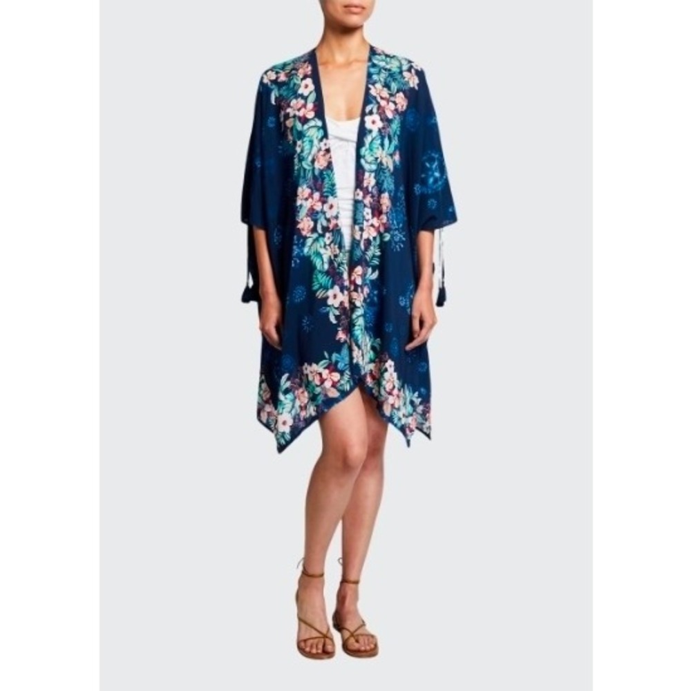 Johnny Was California Navy Blue Floral Mandala Tassel Kimono Cover Up XS